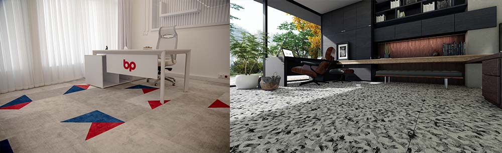 two office designs using carpet tiles